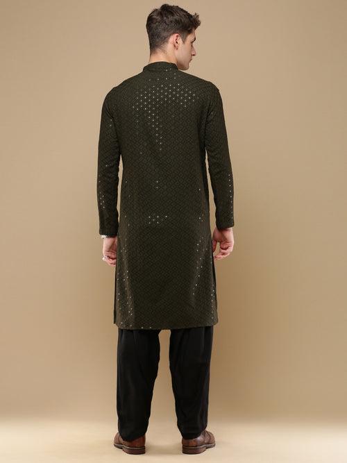 Unleash Your Style With Men's Olive Green Cotton Sequins Kurta Set by Sanwara