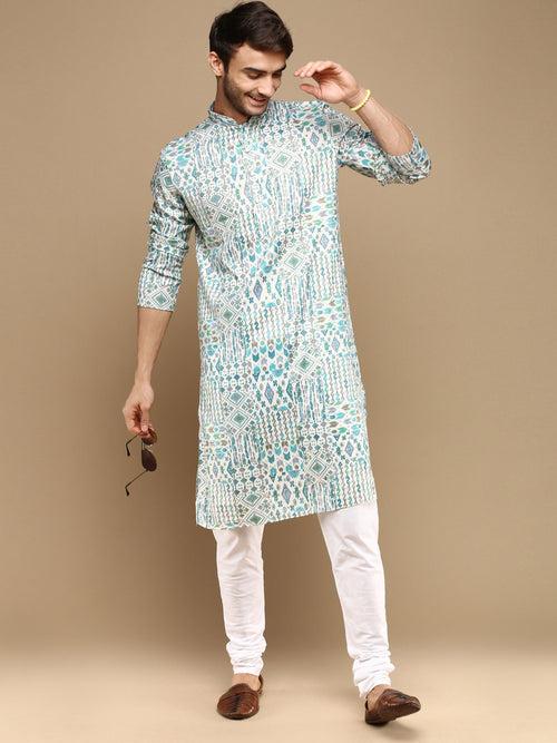 Sanwara Men's Trendy Motifs Firozi Printed Cotton Stylish Kurta