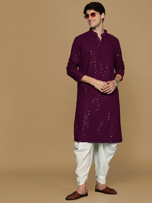 Sanwara Purple Shimmering Elegance Men's Chikankari with Sequins Kurta Set