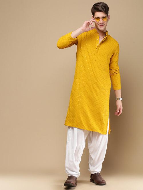 Unleash Your Style With Men's Mustard Cotton Sequins Kurta Set by Sanwara