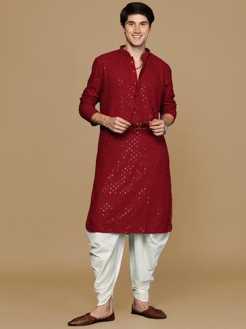 Sanwara Maroon Shimmering Elegance Men's Chikankari Kurta with Sequins