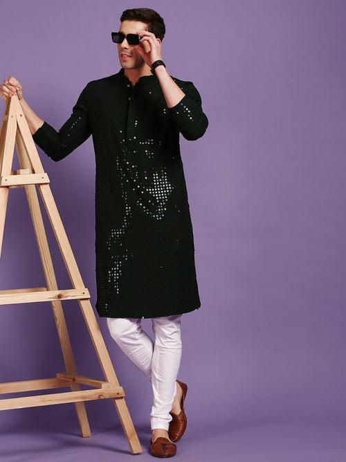 Men's Deep Green Coloured Sequins With Chikankari Work Wedding Collection Kurta With Pyjamas By Sanwara