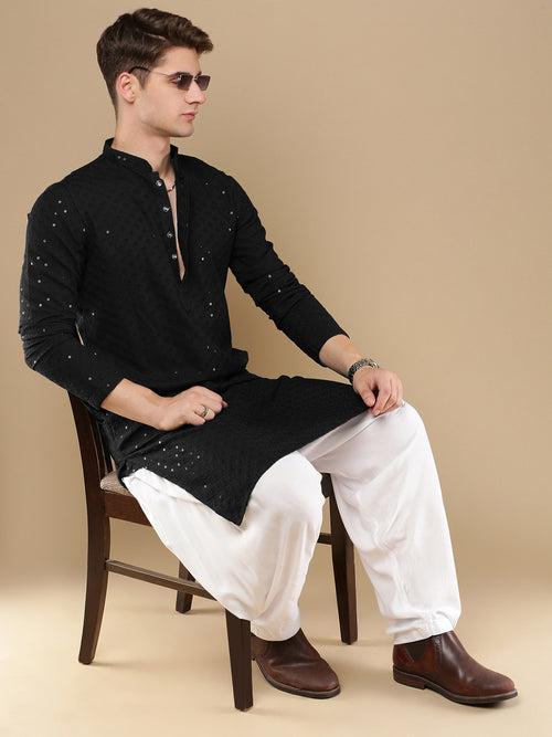 Unleash Your Style With Men's Black Cotton Sequins Kurta Set by Sanwara