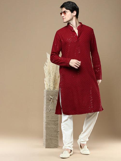 Sanwara Maroon Shimmering Elegance Men's Chikankari with Sequins Kurta Set