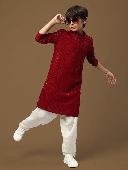 Dapper & Dazzling Boys Solid Maroon Chikankari With Sequins Party Wear Cotton Kurta By Sanwara