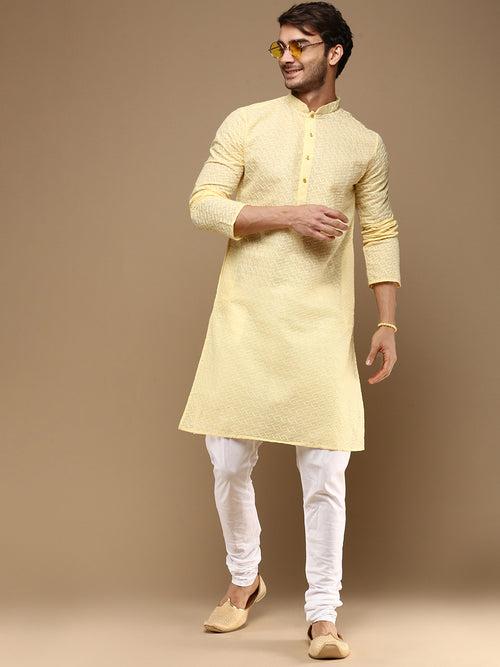 Chic & Classic Men's Solid Light Yellow Chikankari Designer Cotton Kurta By Sanwara