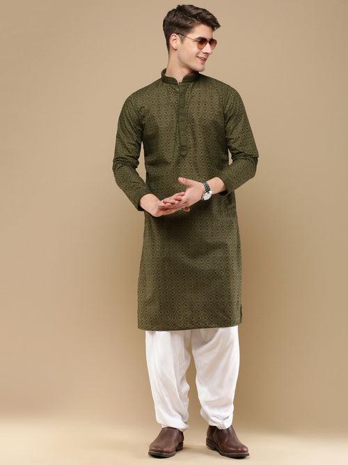 Unleash Your Style With Men's Mehandi Cotton Chikankari Designer Kurta Set by Sanwara