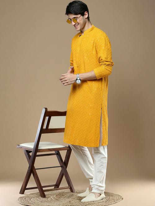 Sanwara Mustard Shimmering Elegance Men's Chikankari with Sequins Kurta Set