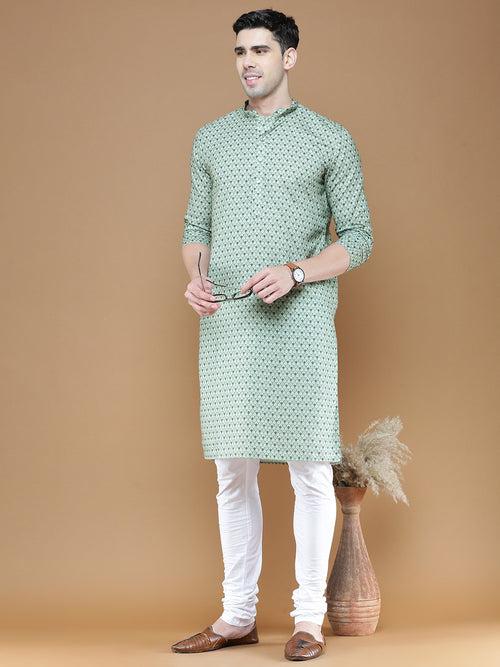 Men's Cotton Green Printed Cotton Summer Trendy Kurta Set