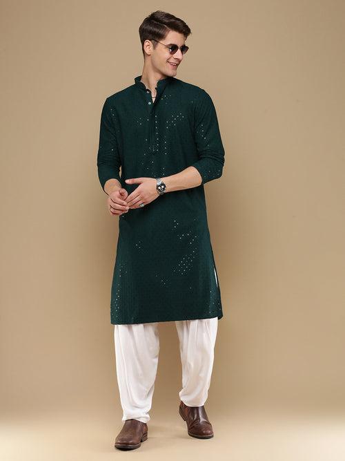 Unleash Your Style With Men's Deep Green Cotton Sequins Kurta Set by Sanwara