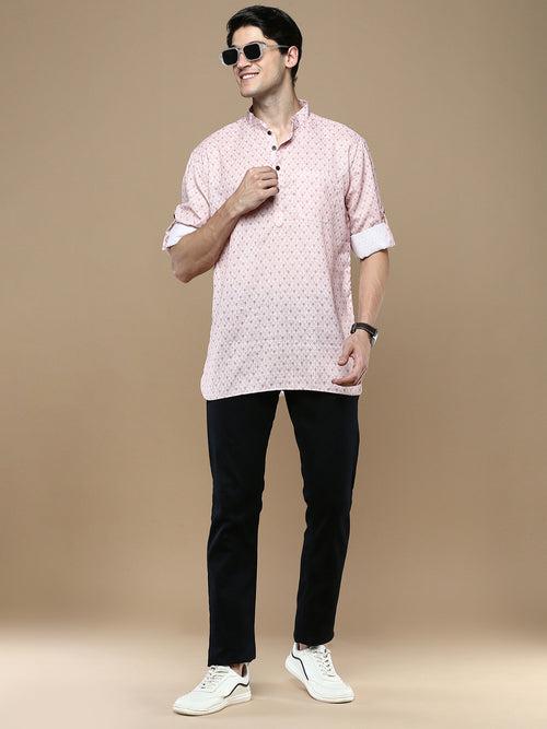 Sanwara Men's Cotton Pink Printed Trendy Stylish Short Kurta