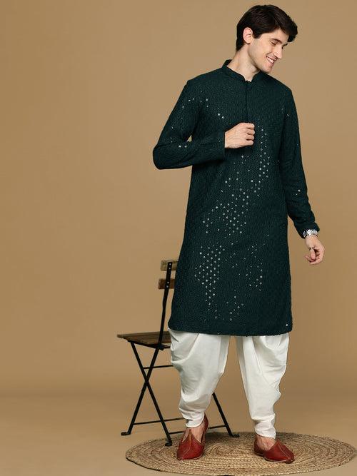 Sanwara Deep Green Shimmering Elegance Men's Chikankari with Sequins Kurta Set