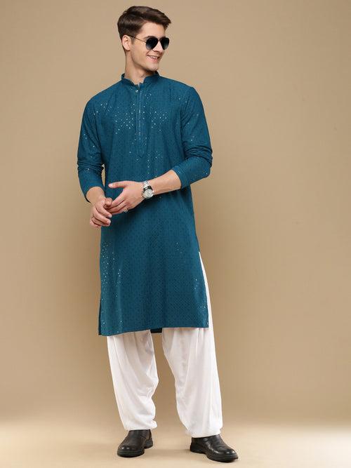 Unleash Your Style With Men's Firozi Cotton Sequins Kurta Set by Sanwara