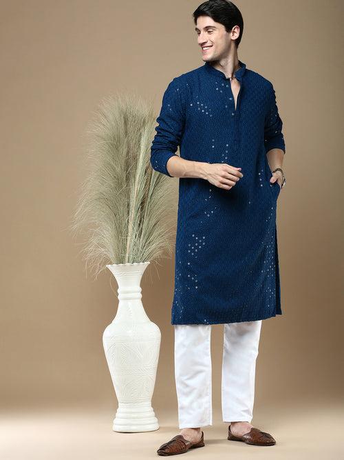 Sanwara Firozi Shimmering Elegance Men's Chikankari with Sequins Kurta Set