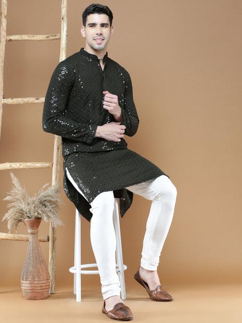 Men's Sequins Olive Chikankari Party Wear Cotton Kurta With Pyjama