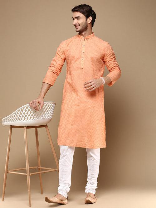 Chic & Classic Men's Solid Orange Chikankari Designer Cotton Kurta Set By Sanwara