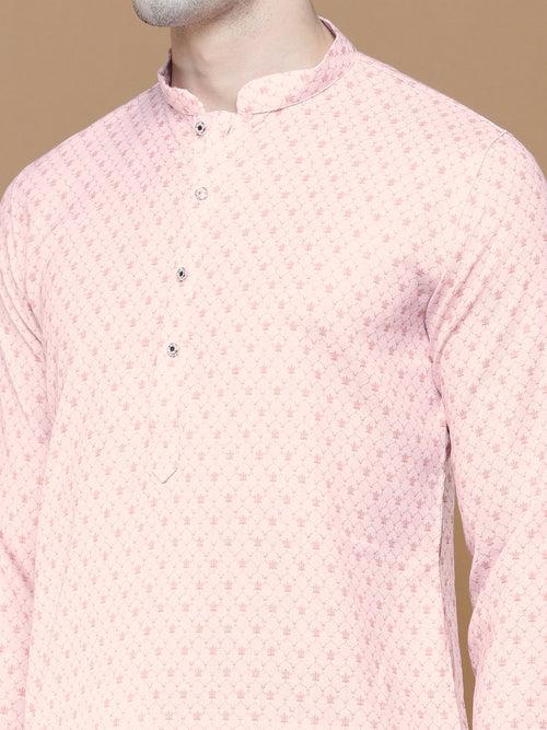 Men's Cotton Light Pink Printed Cotton Summer Trendy Kurta Set