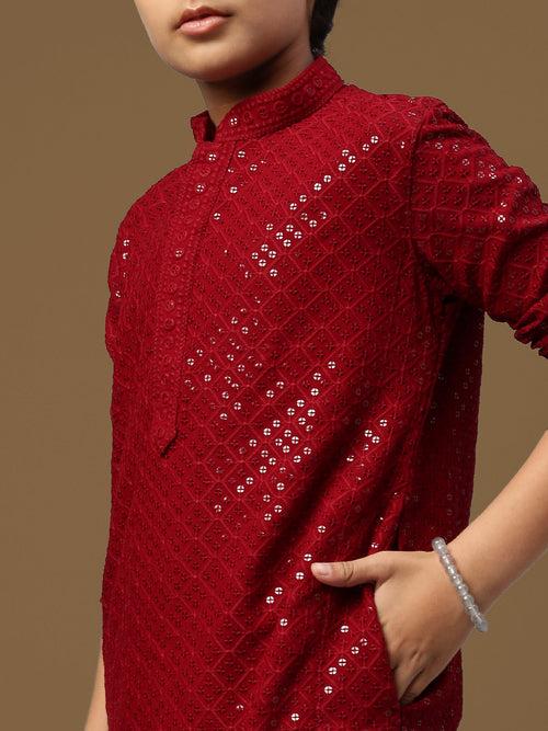 Dapper & Dazzling Boys Solid Maroon Chikankari With Sequins Party Wear Cotton Kurta By Sanwara