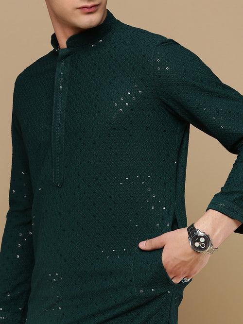 Unleash Your Style With Men's Deep Green Cotton Sequins Kurta Set by Sanwara