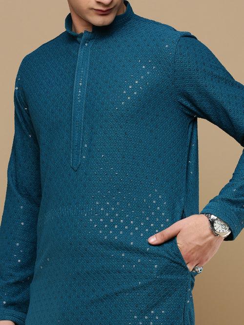 Unleash Your Style With Men's Firozi Cotton Sequins Kurta Set by Sanwara