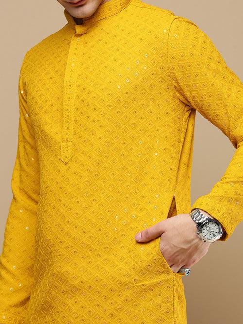 Unleash Your Style With Men's Mustard Cotton Sequins Kurta Set by Sanwara