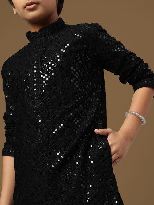 Dapper & Dazzling Boys Solid Black Chikankari With Sequins Party Wear Cotton Kurta Set By Sanwara