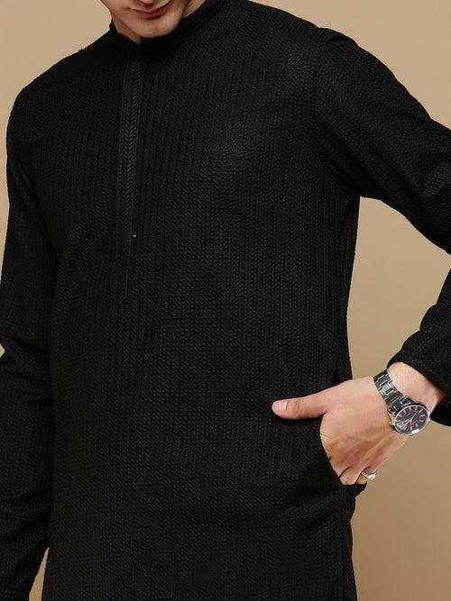 Unleash Your Style With Men's Black Cotton Chikankari Designer Kurta Set by Sanwara