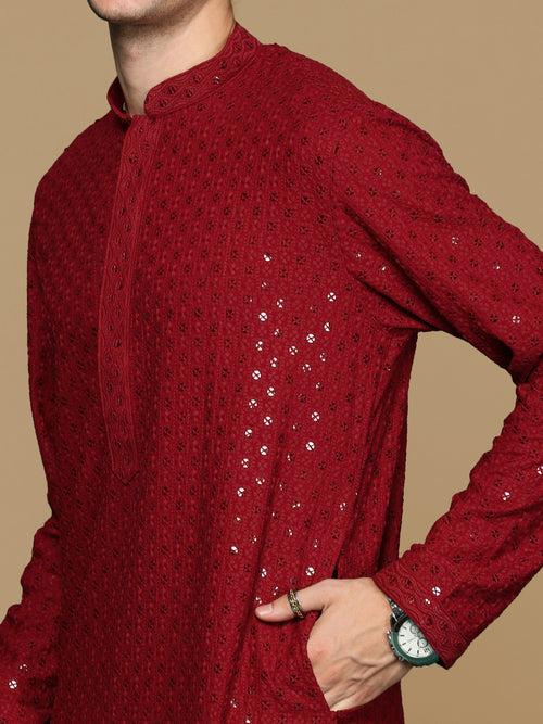 Sanwara Maroon Shimmering Elegance Men's Chikankari Kurta with Sequins