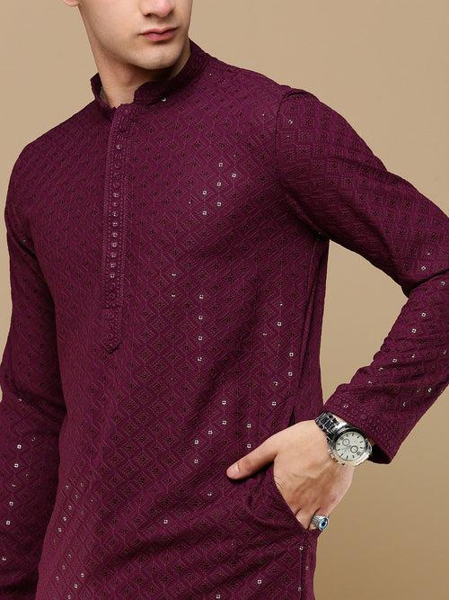 Unleash Your Style With Men's Wine Cotton Sequins Kurta Set by Sanwara