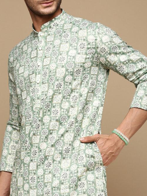 Sanwara Men's Trendy Motifs Green Printed Cotton Stylish Kurta Set
