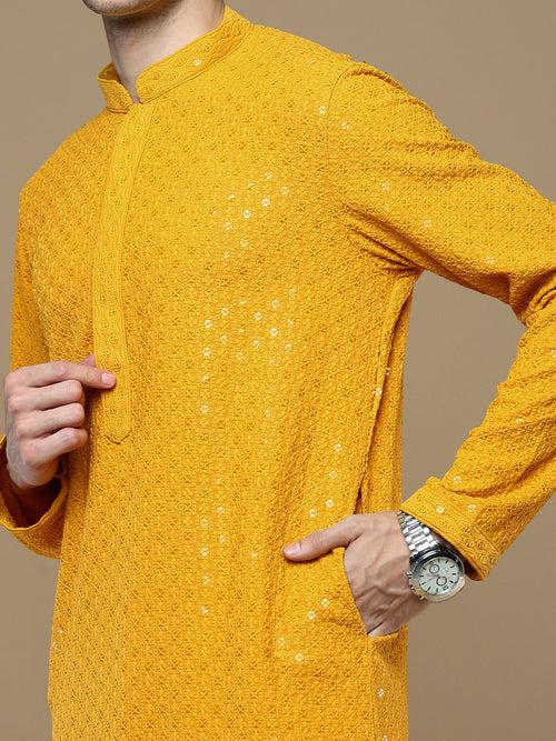 Sanwara Mustard Shimmering Elegance Men's Chikankari with Sequins Kurta Set