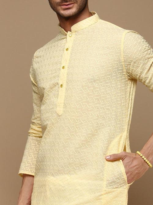 Chic & Classic Men's Solid Light Yellow Chikankari Designer Cotton Kurta Set By Sanwara