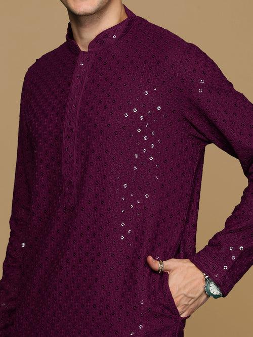 Sanwara Purple Shimmering Elegance Men's Chikankari with Sequins Kurta Set