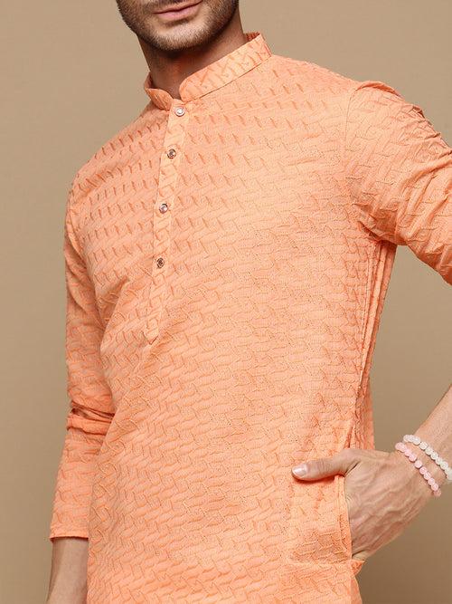 Chic & Classic Men's Solid Orange Chikankari Designer Cotton Kurta Set By Sanwara