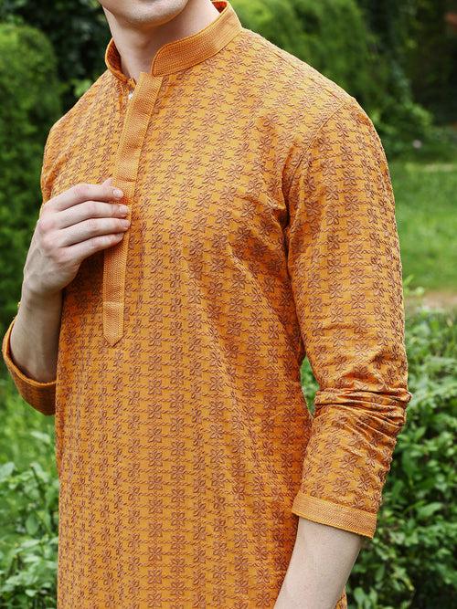 Men's Designer Mustard Coloured Chikankari Work Wedding Collection Kurta With Pyjamas By Sanwara