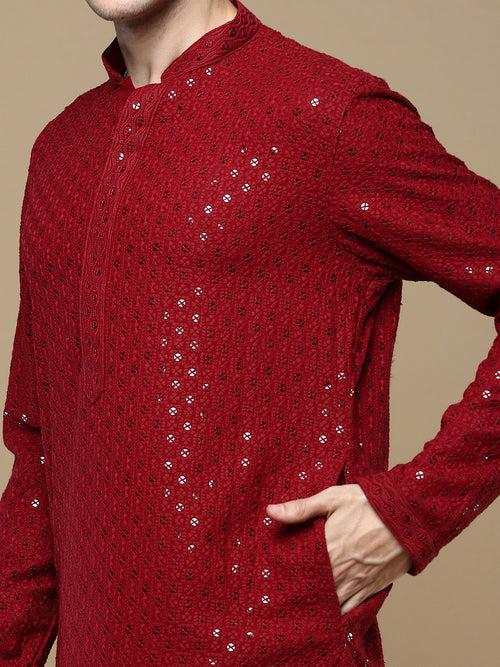 Sanwara Maroon Shimmering Elegance Men's Chikankari with Sequins Kurta Set