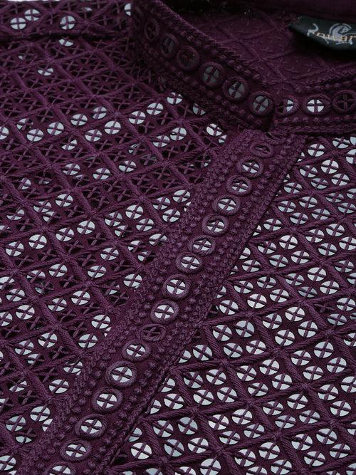 Men's Sequins Purple Chikankari Party Wear Cotton Kurta With Pyjama