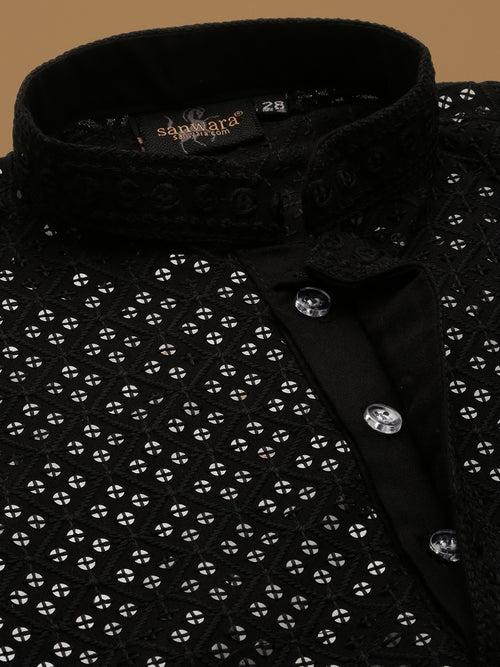 Dapper & Dazzling Boys Solid Black Chikankari With Sequins Party Wear Cotton Kurta Set By Sanwara