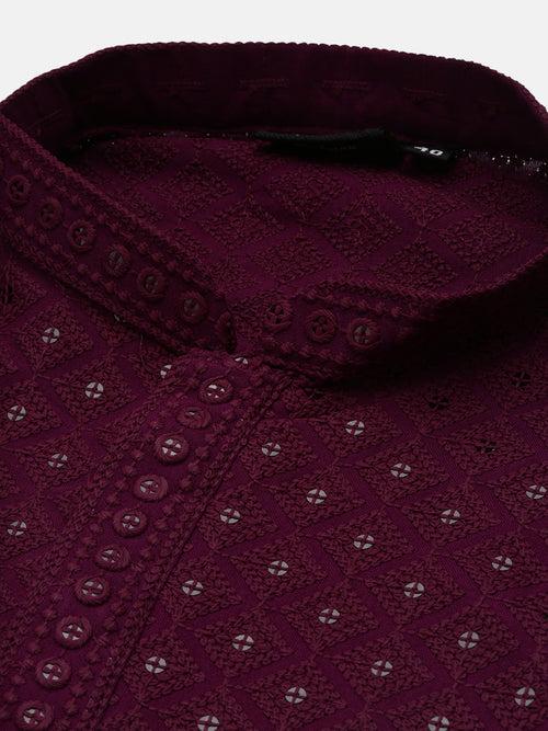 Unleash Your Style With Men's Wine Cotton Sequins Kurta Set by Sanwara