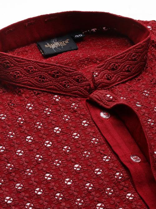 Sanwara Maroon Shimmering Elegance Men's Chikankari Kurta with Sequins