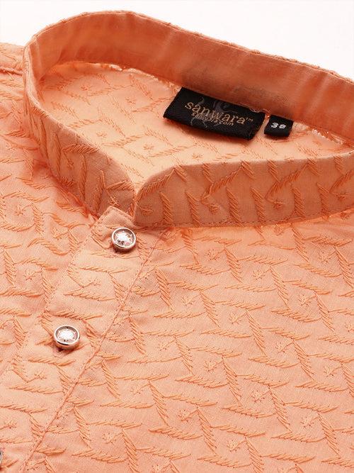 Chic & Classic Men's Solid Orange Chikankari Designer Cotton Kurta Set By Sanwara