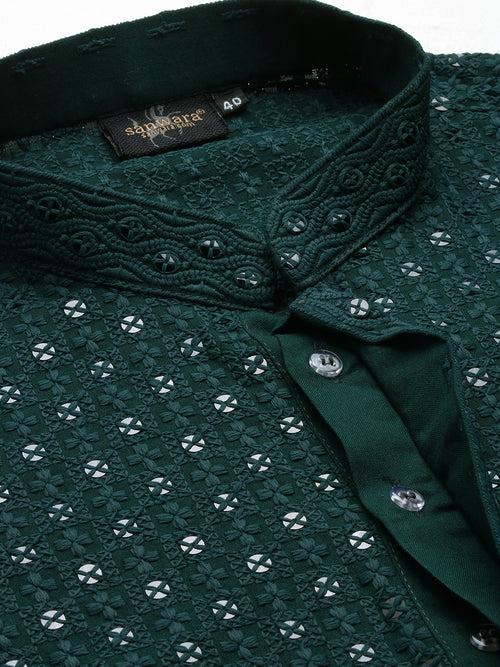 Sanwara Deep Green Shimmering Elegance Men's Chikankari with Sequins Kurta Set