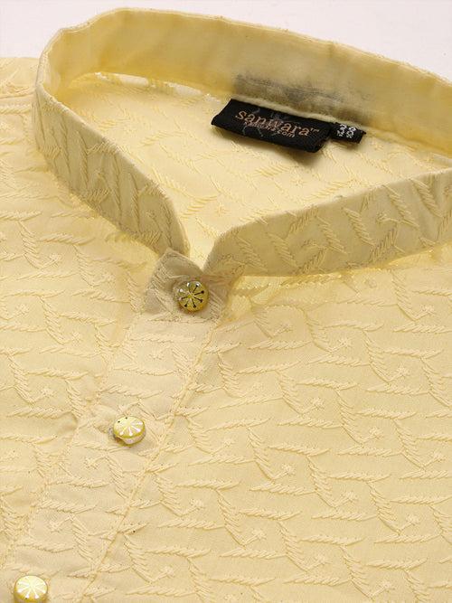 Unleash Your Style With Men's Solid Light Yellow Chikankari Cotton Kurta by Sanwara