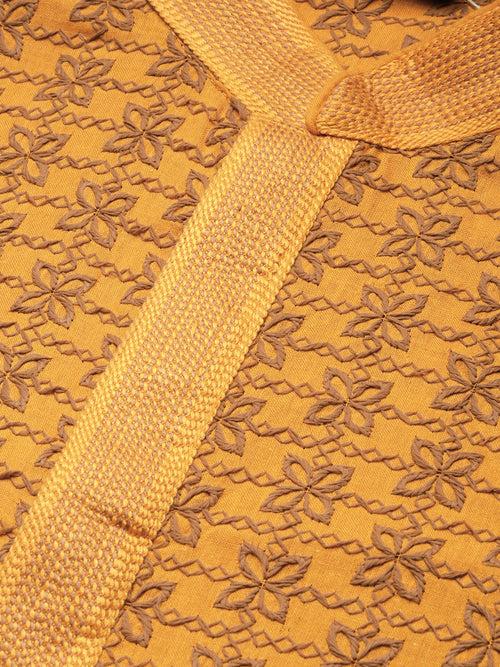 Men's Designer Mustard Coloured Chikankari Work Wedding Collection Kurta With Pyjamas By Sanwara