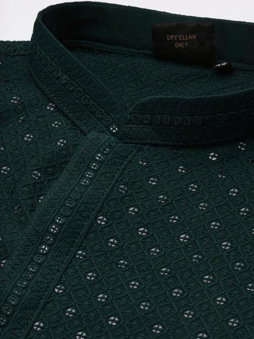 Unleash Your Style With Men's Deep Green Cotton Sequins Kurta Set by Sanwara