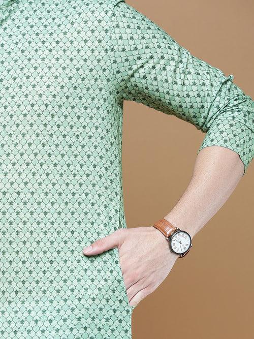 Men's Cotton Green Printed Trendy Stylish Kurta