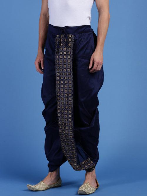 Men's Traditional Deep Blue Colored Designer Embroidered Art Silk Slip On Dhoti From