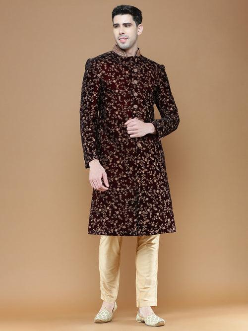 Exquisite Maroon Velvet Floral Embroidered Men's Sherwani with Payjama Pant