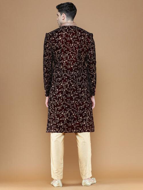 Exquisite Maroon Velvet Floral Embroidered Men's Sherwani with Payjama Pant