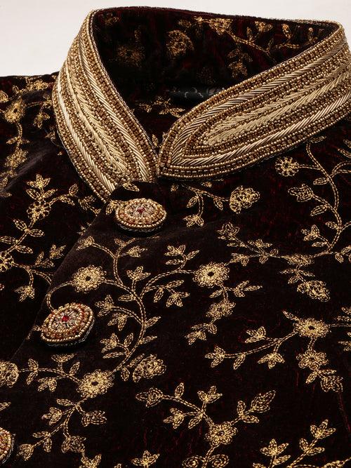 Exquisite Maroon Velvet Floral Embroidered Men's Sherwani with Payjama Pant